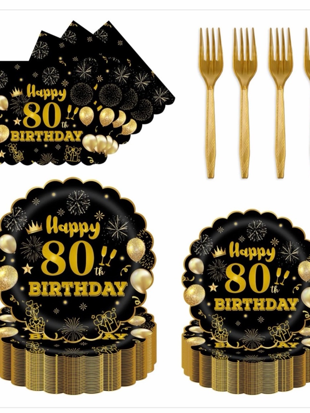 Elegant 80th Birthday Party Plates & Napkins Set - Black and Gold 96-pieces